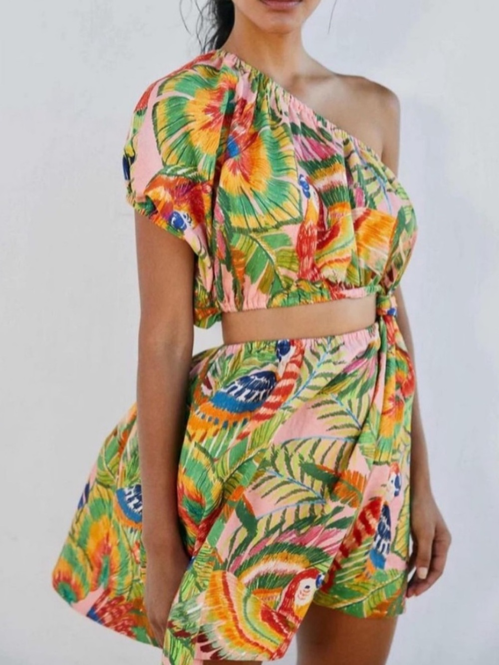 FARM Rio Macaw Leaves One-Shoulder Tropical Cut Out Dress